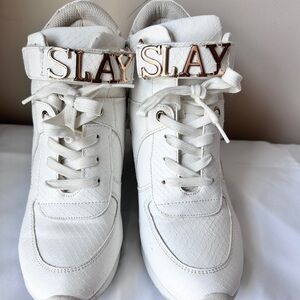 White Wedge Heeled Sneakers with Gold Accents